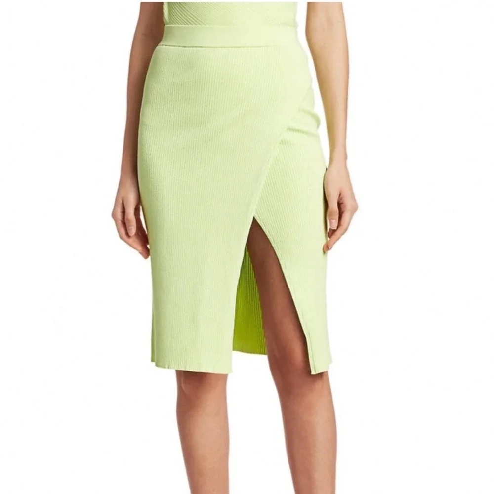 Jonathan Simkhai Jolene Pear Green Ribbed Knit Faux Wrap Slit Pencil Skirt Small